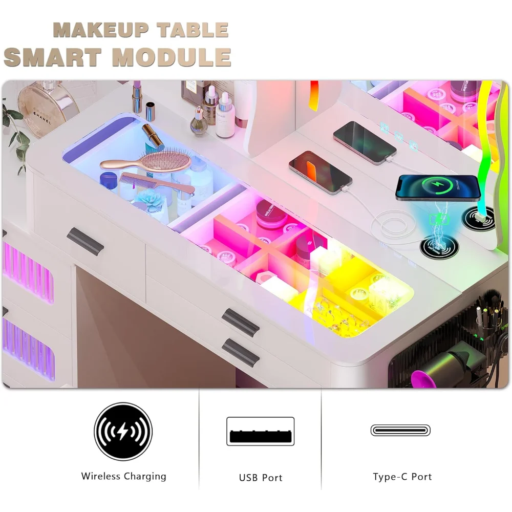 Makeup Vanity Desk with Wireless Charging Station and Lights
