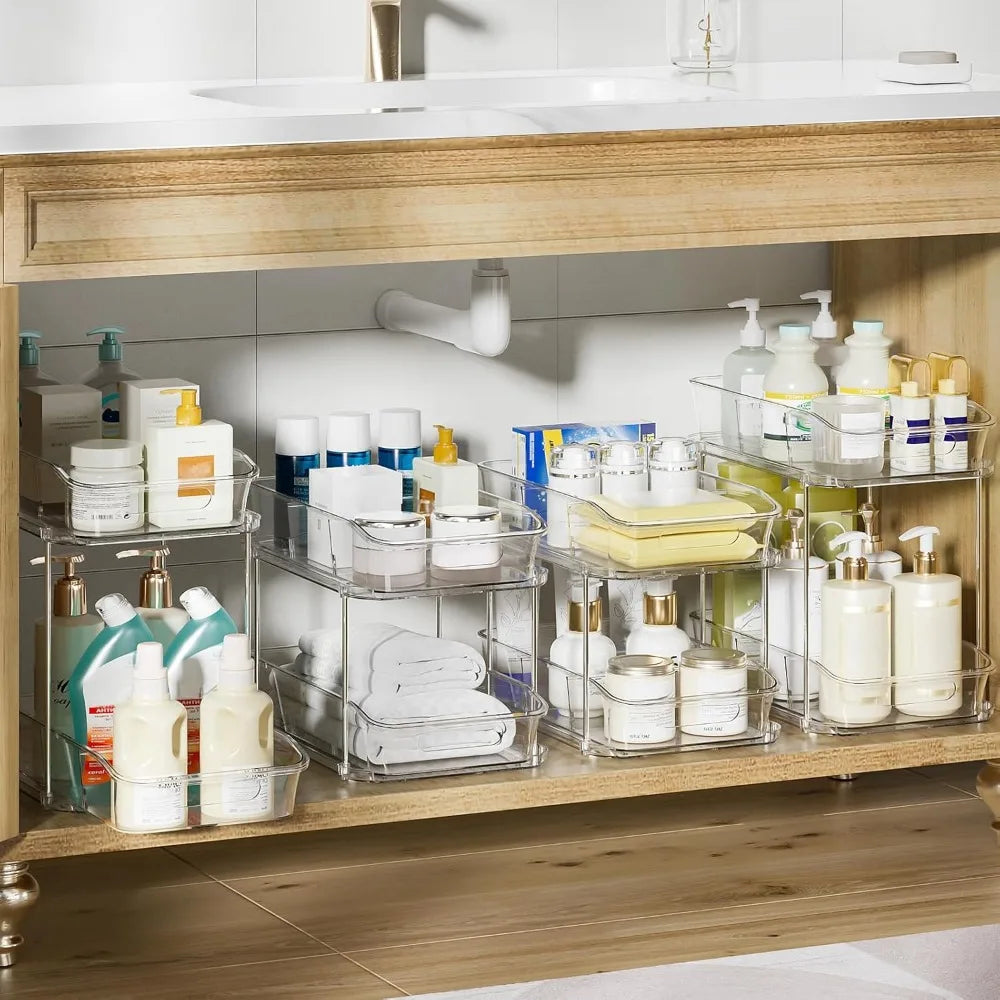 2 Tier Clear Bathroom Under Sink Organizer 4Pack