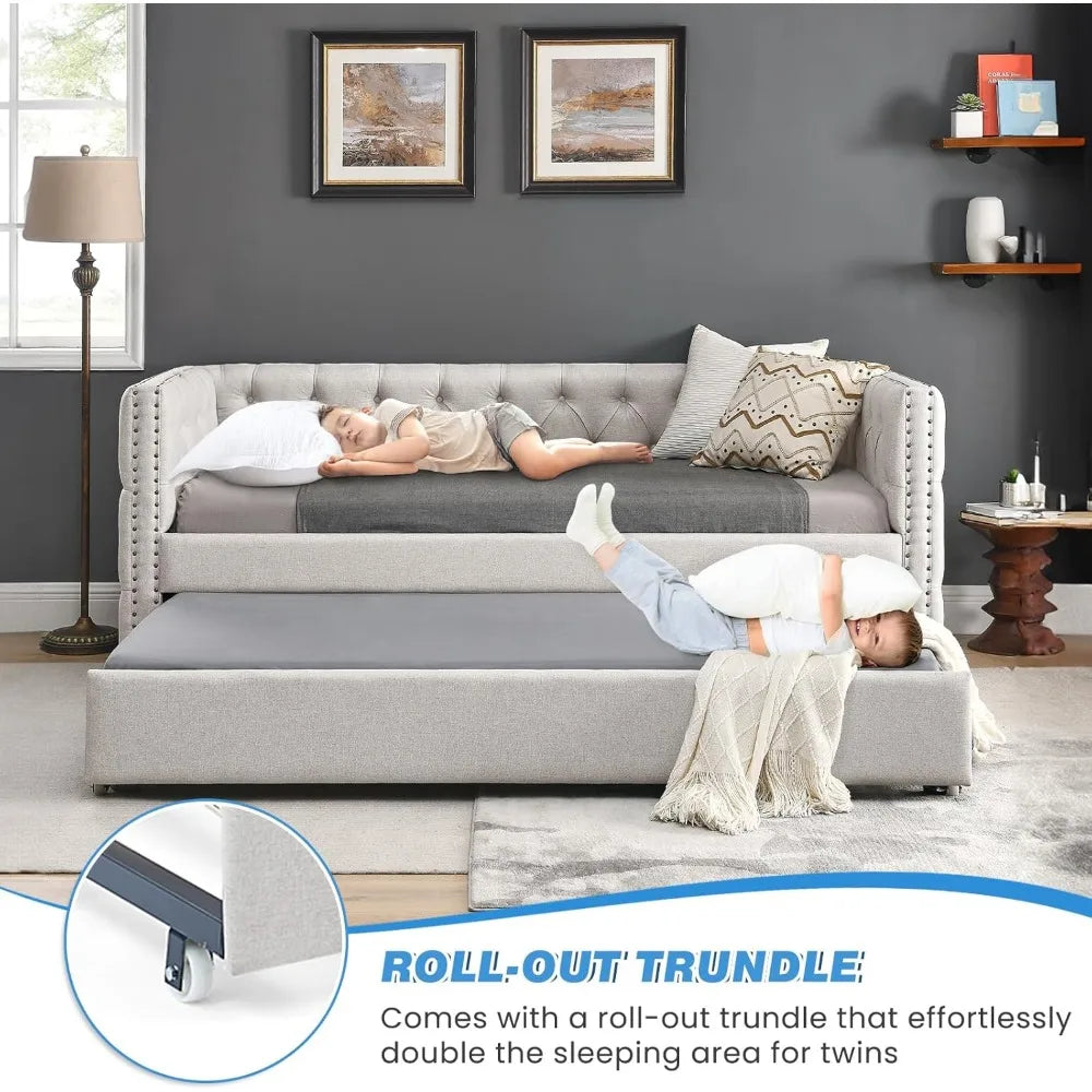 Upholstered Full Size Button-Tufted Sofa Bed Frame with A Roll-Out Trundle