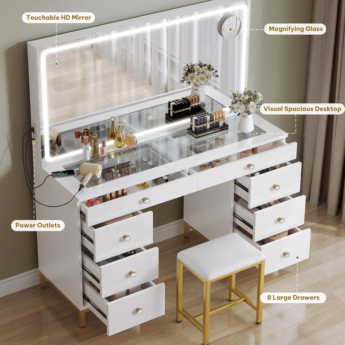 Vanity Desk with Mirror and Lights, Large Vanity Set with Charging Station, Makeup Table with 8 Drawers, Dimmable 3 Lighting