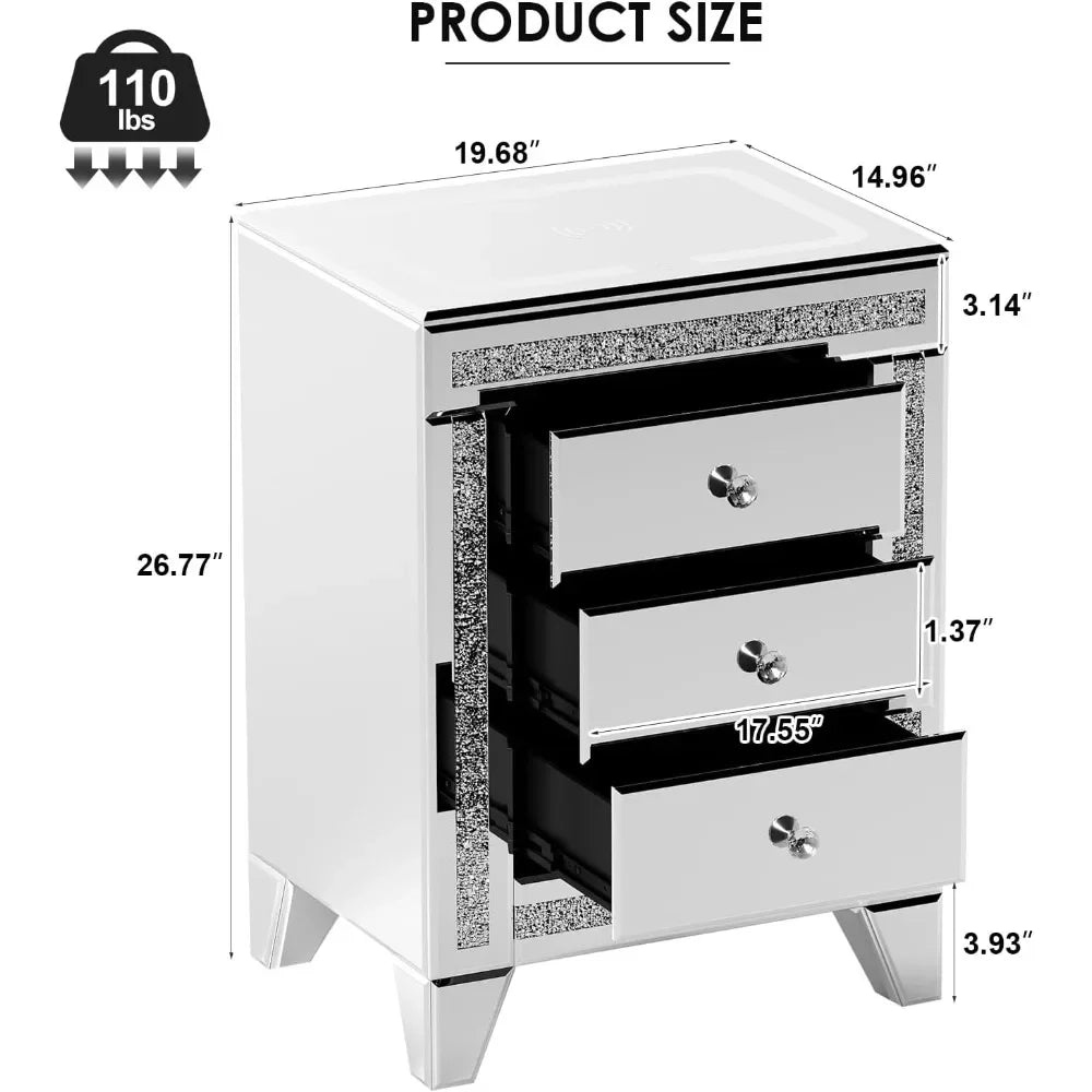 Mirrored Night Table Storage Charging Station