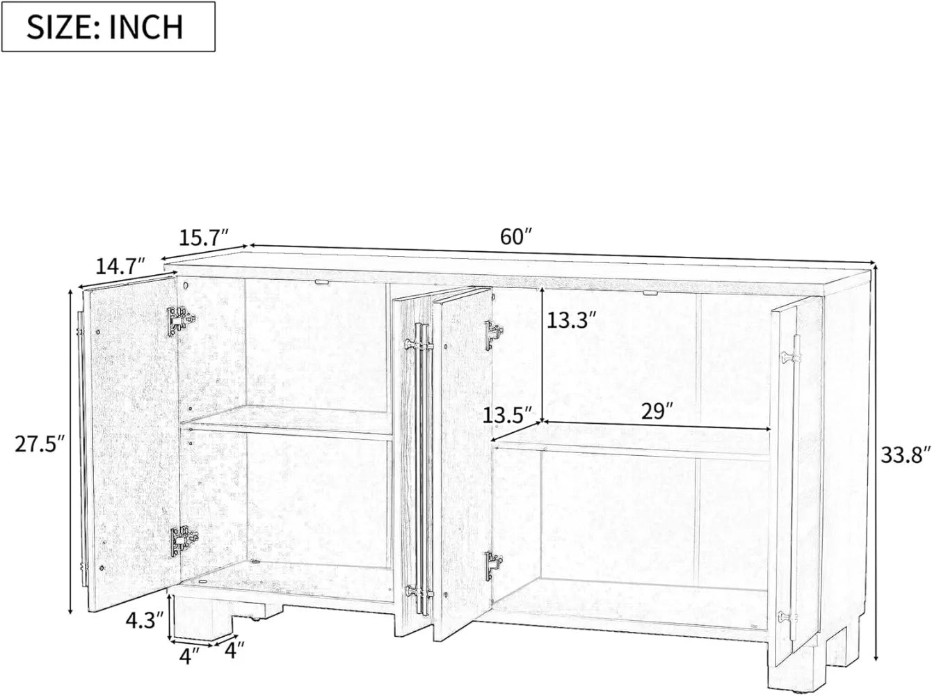 60-Inch Wood Storage Cabinet Buffet Table