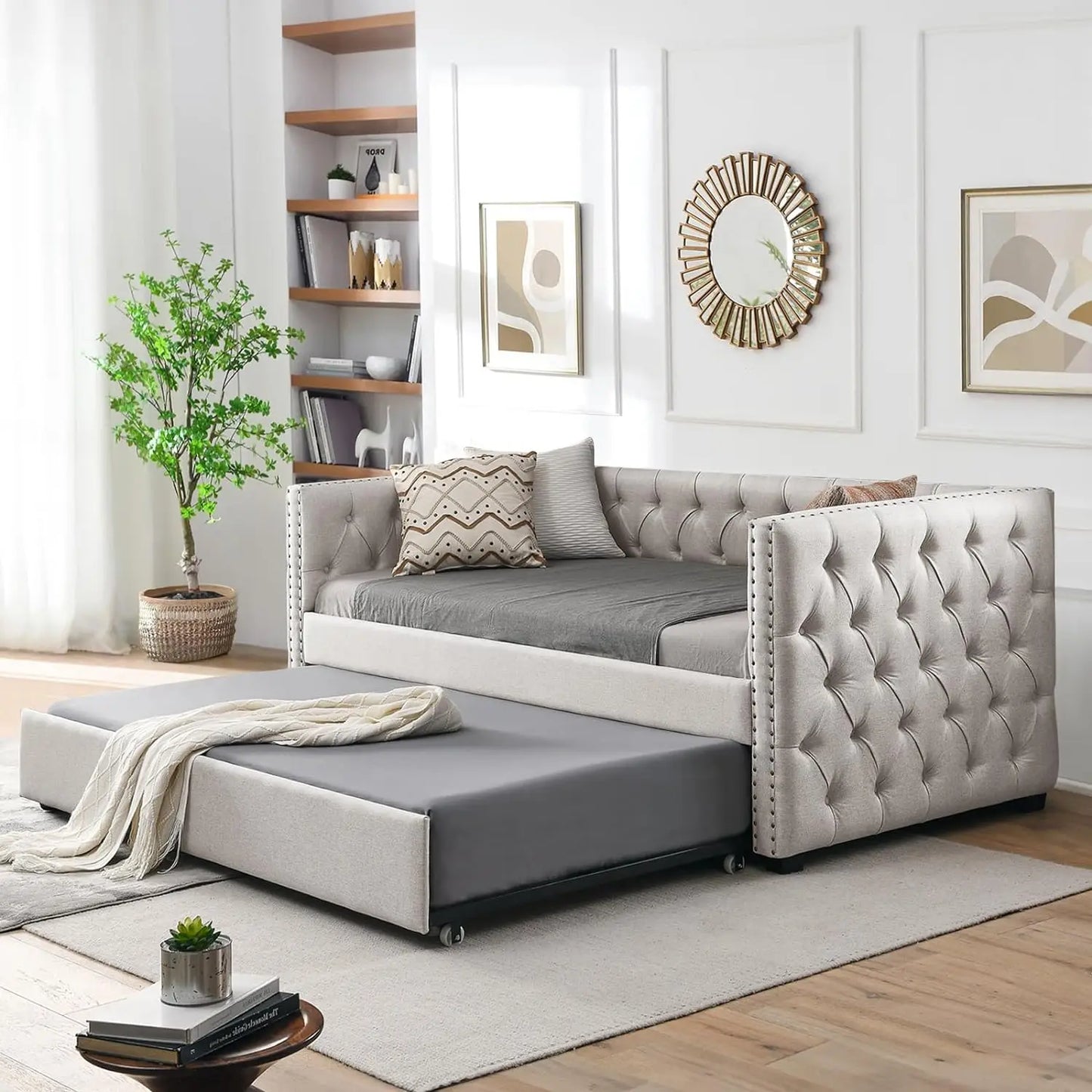 Upholstered Full Size Button-Tufted Sofa Bed Frame with A Roll-Out Trundle