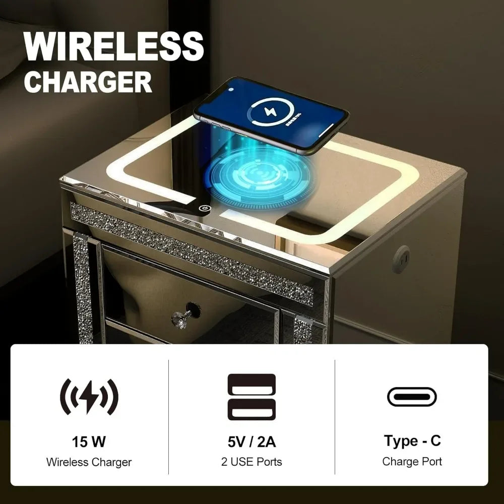 Mirrored Night Table Storage Charging Station