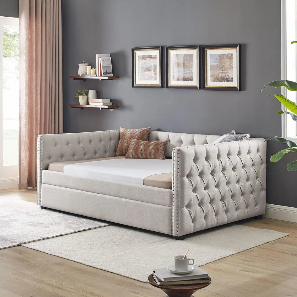 Upholstered Full Size Button-Tufted Sofa Bed Frame with A Roll-Out Trundle