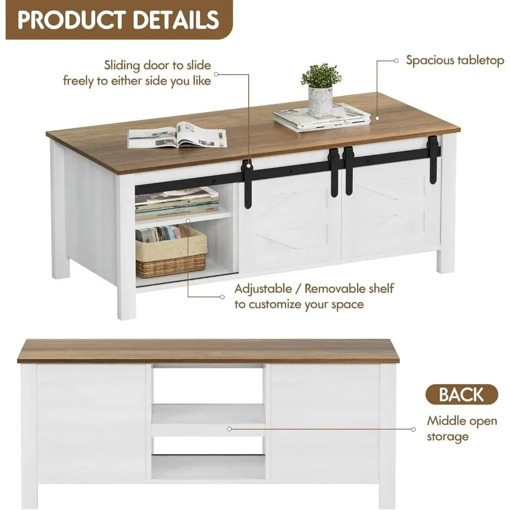 Farmhouse Coffee Table With Adjustable Shelves