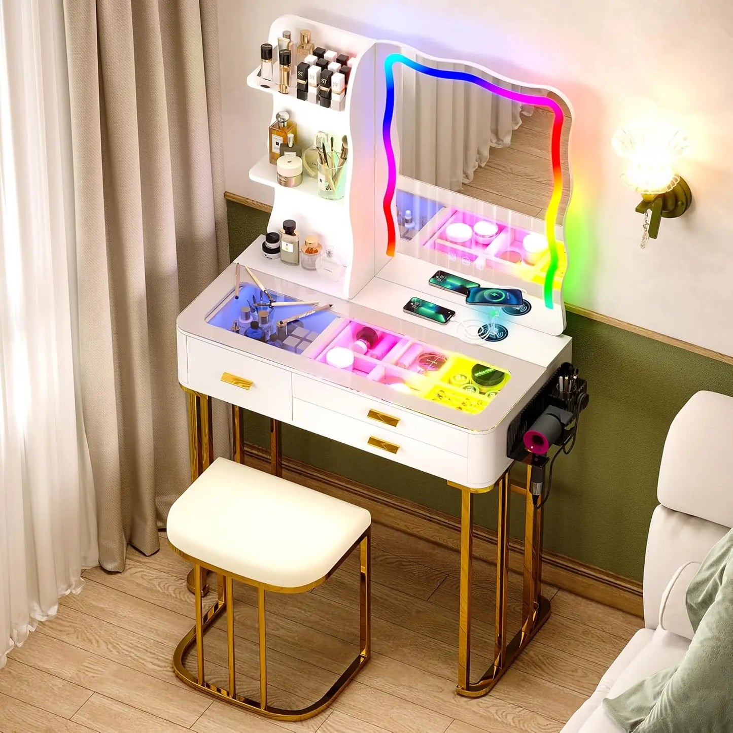 Makeup Vanity Desk with Wireless Charging Station and Lights