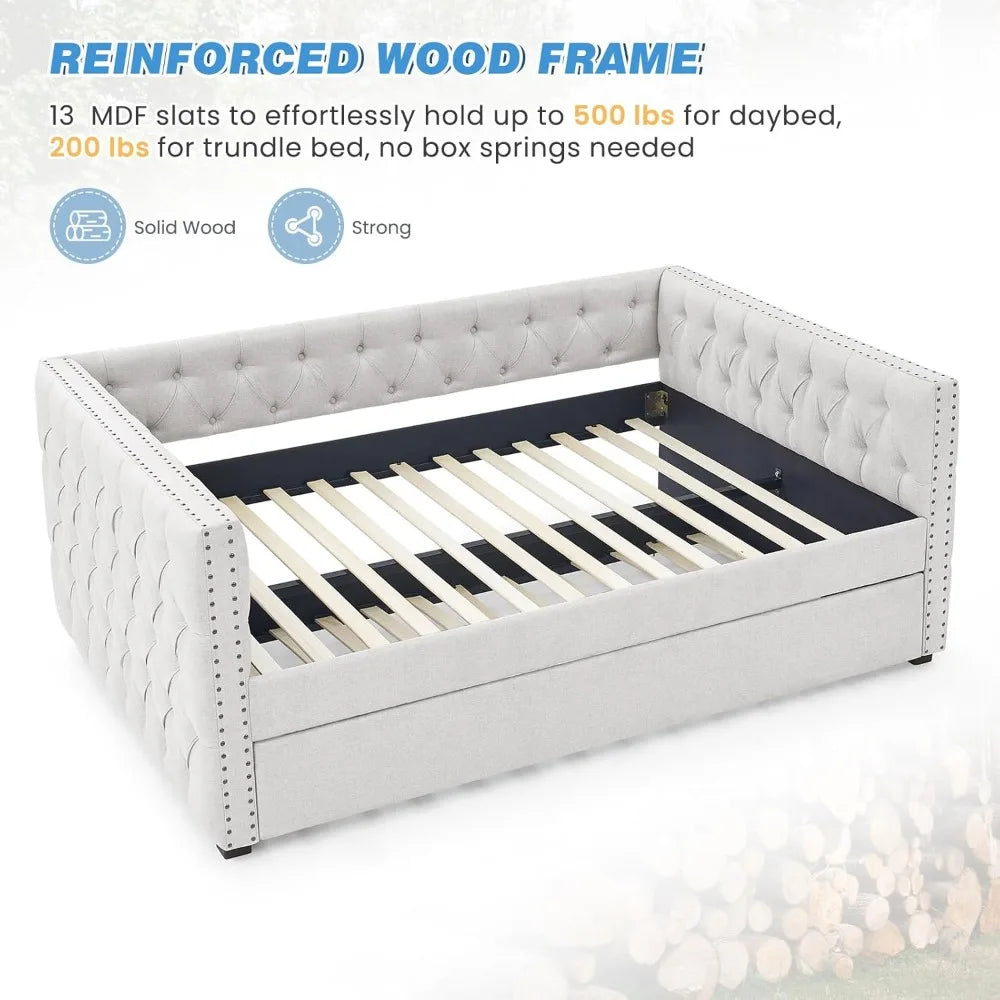 Upholstered Full Size Button-Tufted Sofa Bed Frame with A Roll-Out Trundle