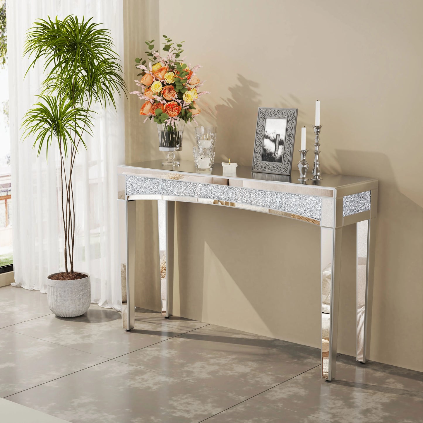 47.2" Mirrored Crystal Silver Entryway Table