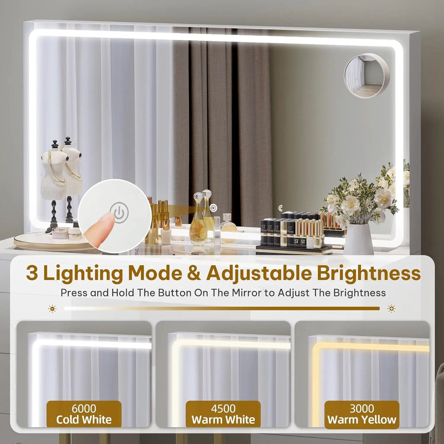 Vanity Desk with Mirror and Lights, Large Vanity Set with Charging Station, Makeup Table with 8 Drawers, Dimmable 3 Lighting
