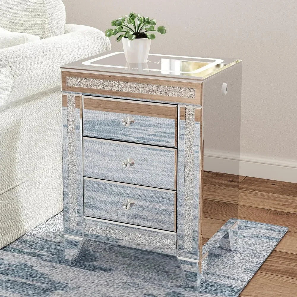 Mirrored Night Table Storage Charging Station