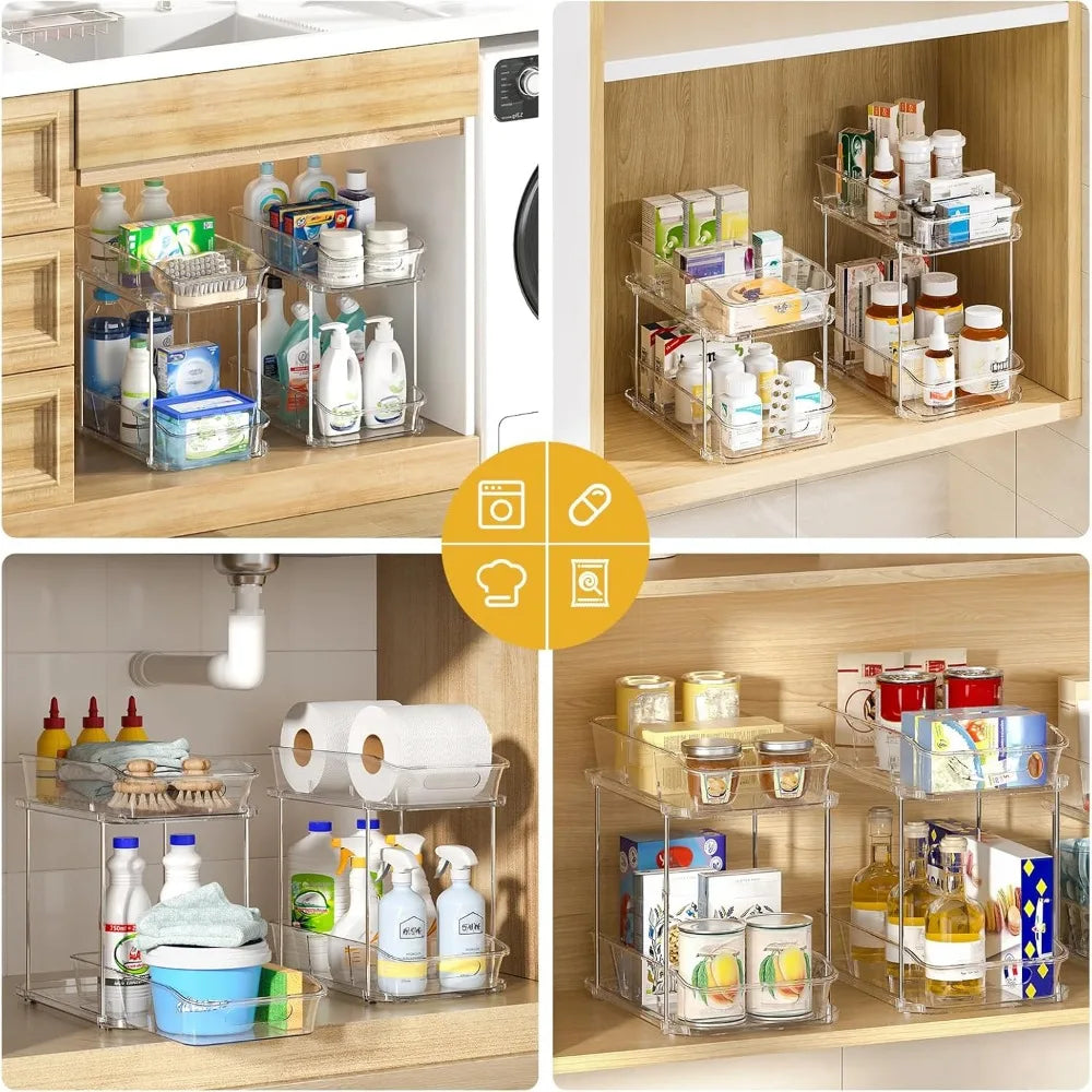 2 Tier Clear Bathroom Under Sink Organizer 4Pack