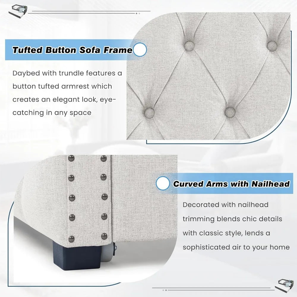 Upholstered Full Size Button-Tufted Sofa Bed Frame with A Roll-Out Trundle