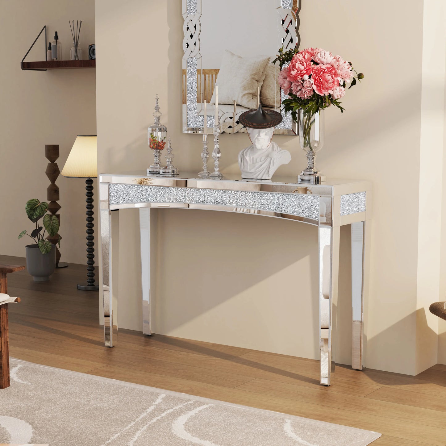 47.2" Mirrored Crystal Silver Entryway Table