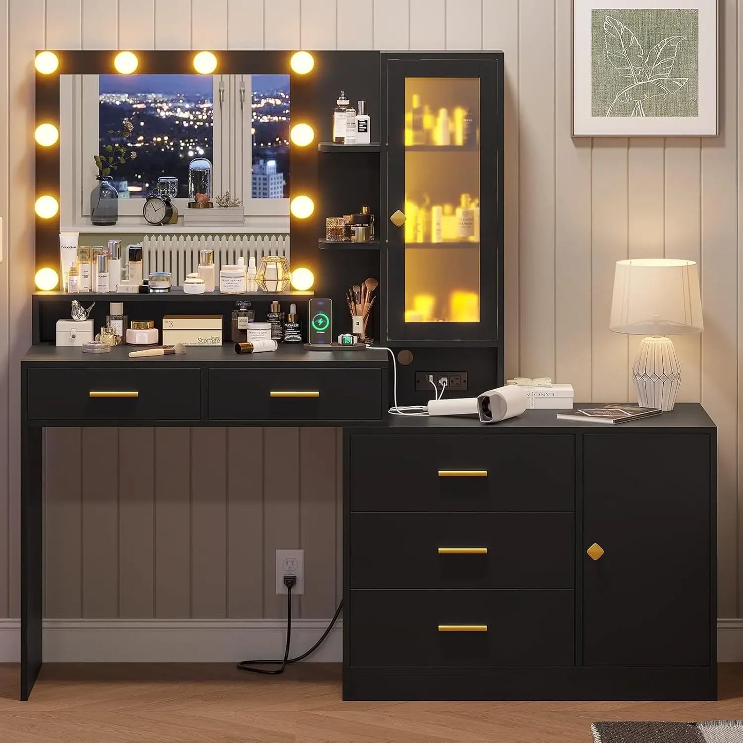 Vanity With Lights Mirror & Charging Station