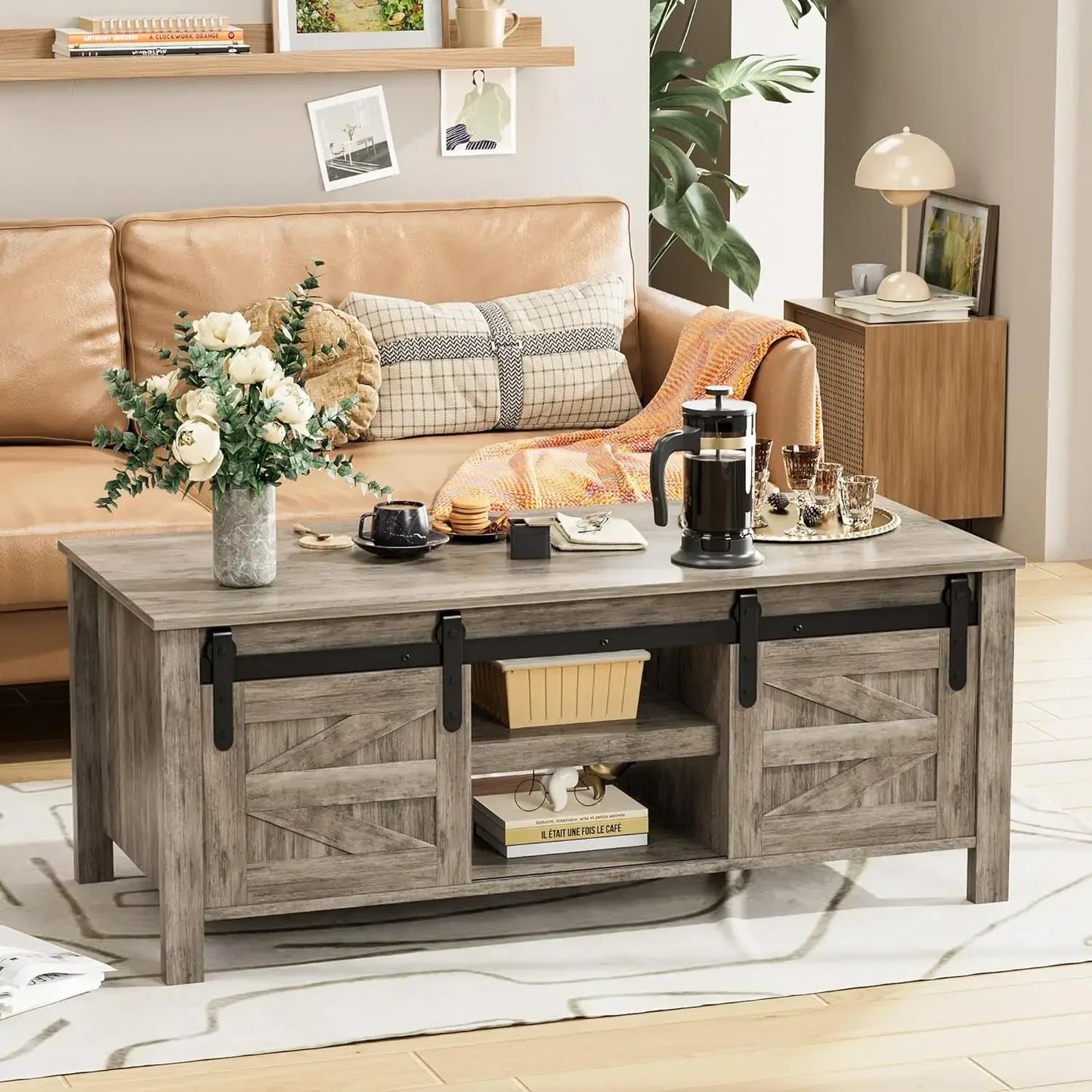 Farmhouse Coffee Table With Adjustable Shelves