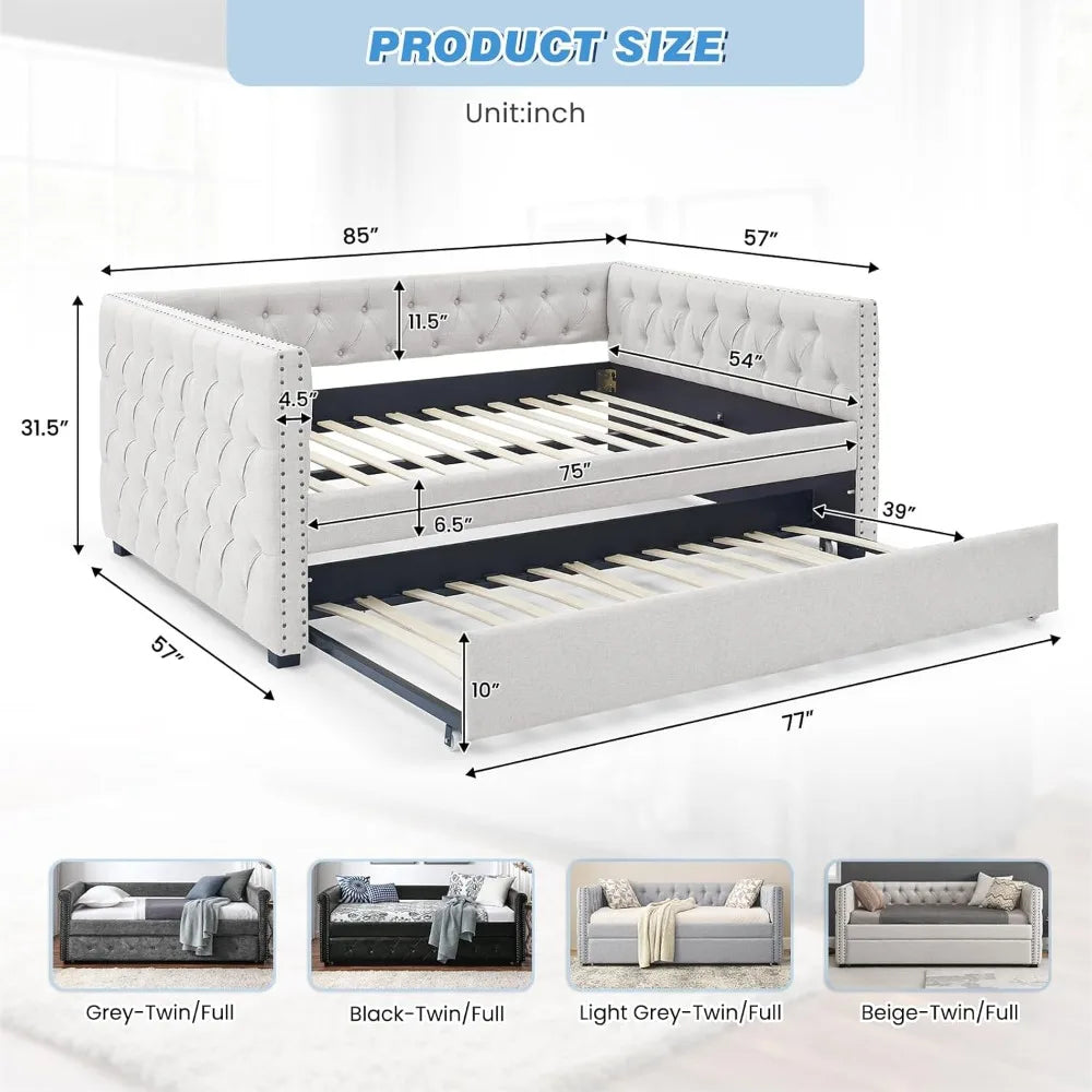 Upholstered Full Size Button-Tufted Sofa Bed Frame with A Roll-Out Trundle