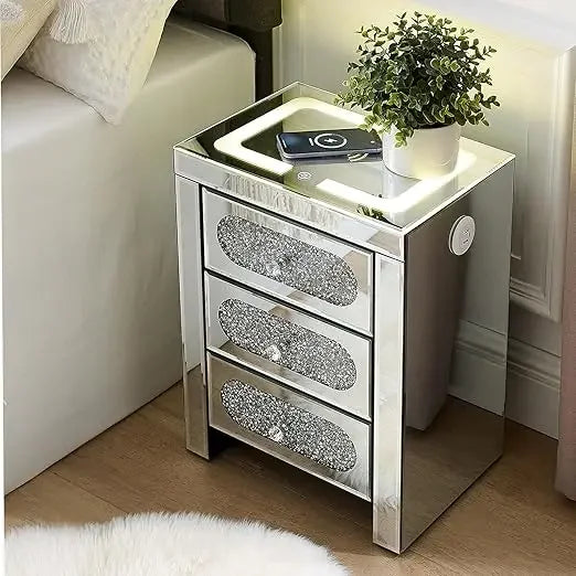 Mirrored Night Table Storage Charging Station