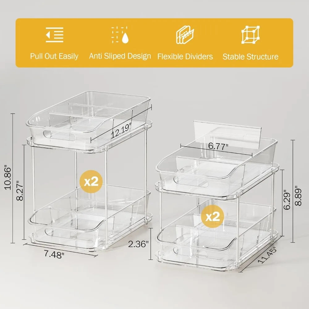 2 Tier Clear Bathroom Under Sink Organizer 4Pack