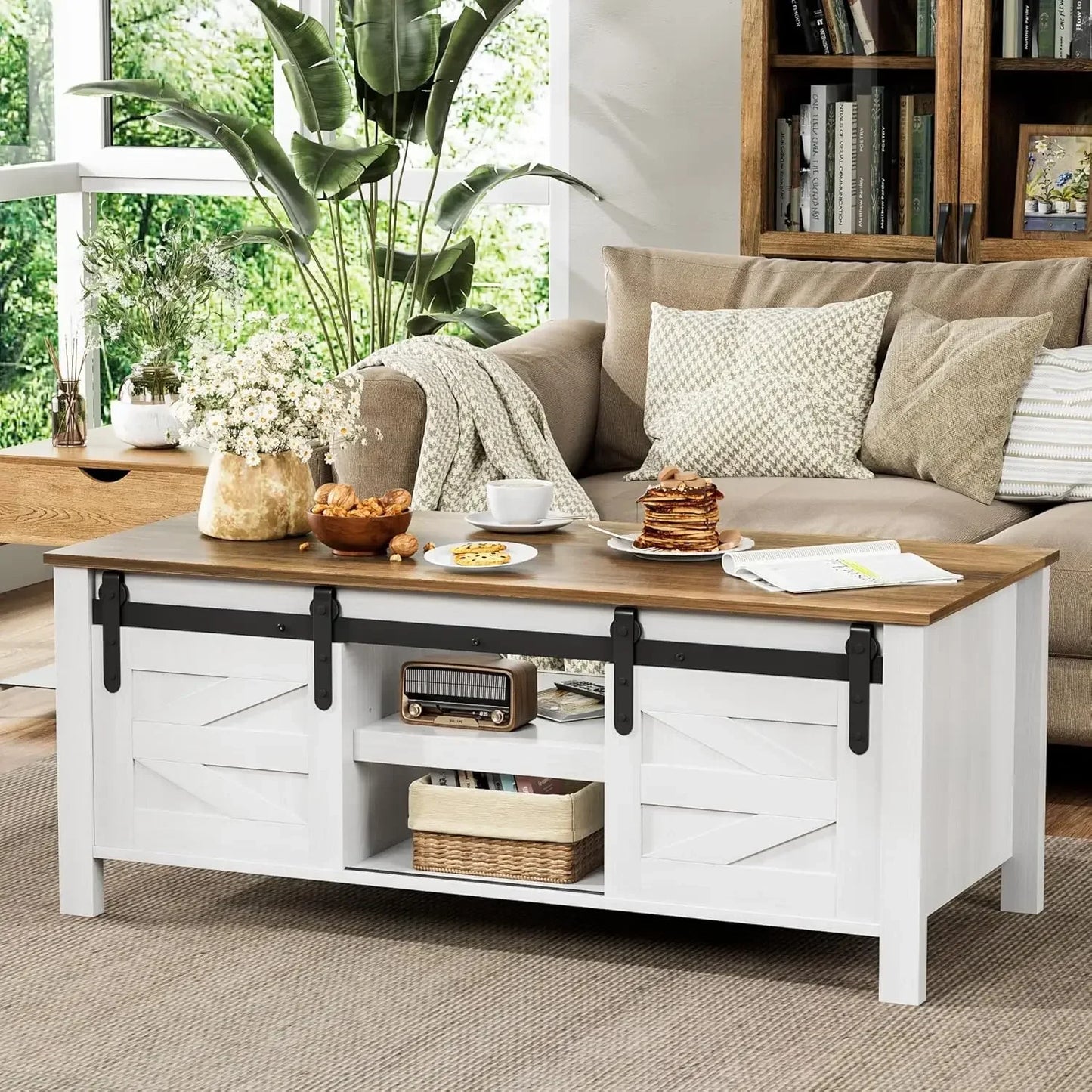 Farmhouse Coffee Table With Adjustable Shelves