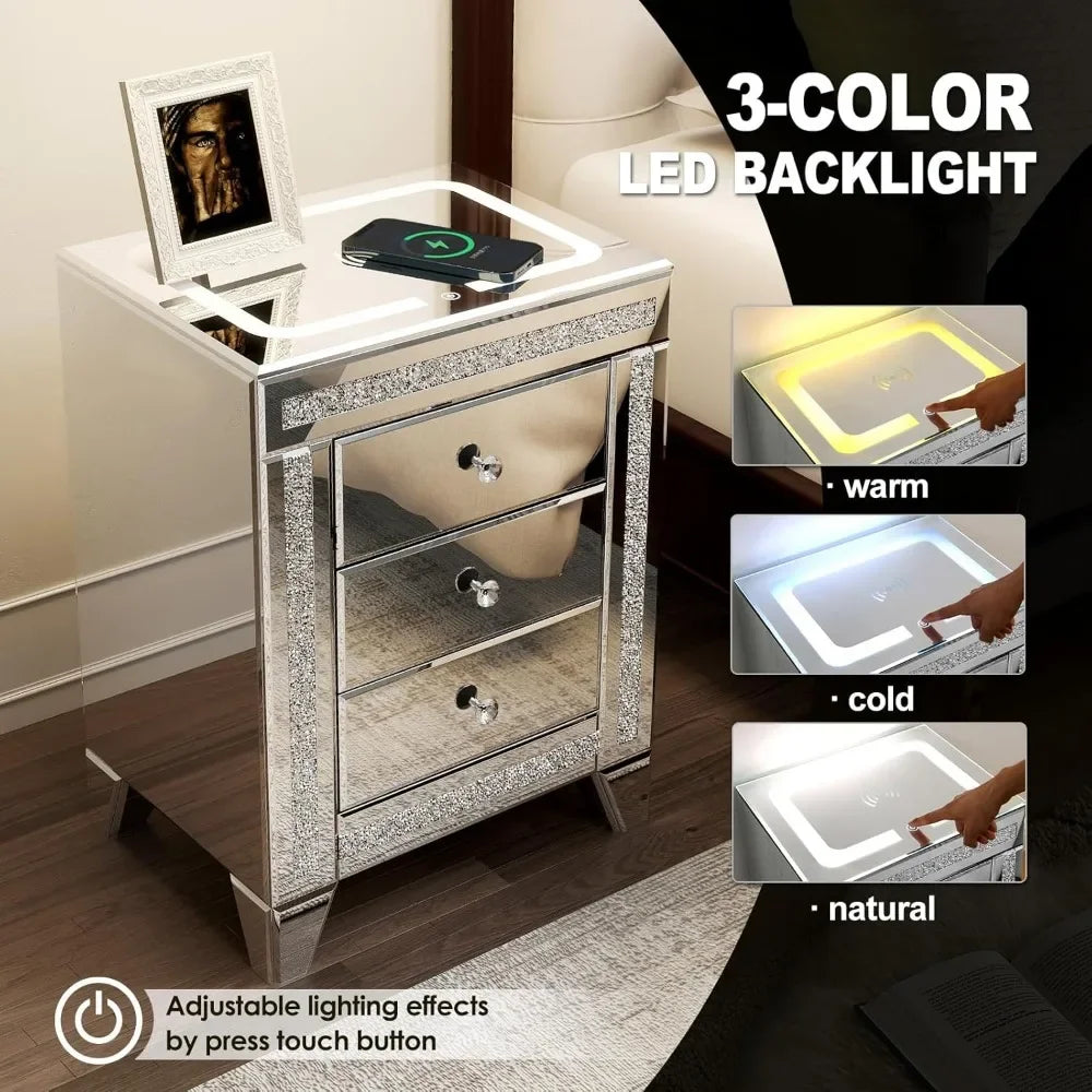 Mirrored Night Table Storage Charging Station