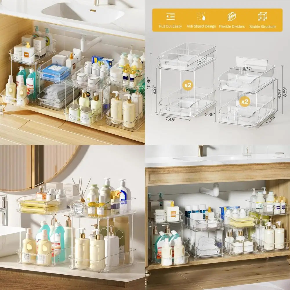 2 Tier Clear Bathroom Under Sink Organizer 4Pack
