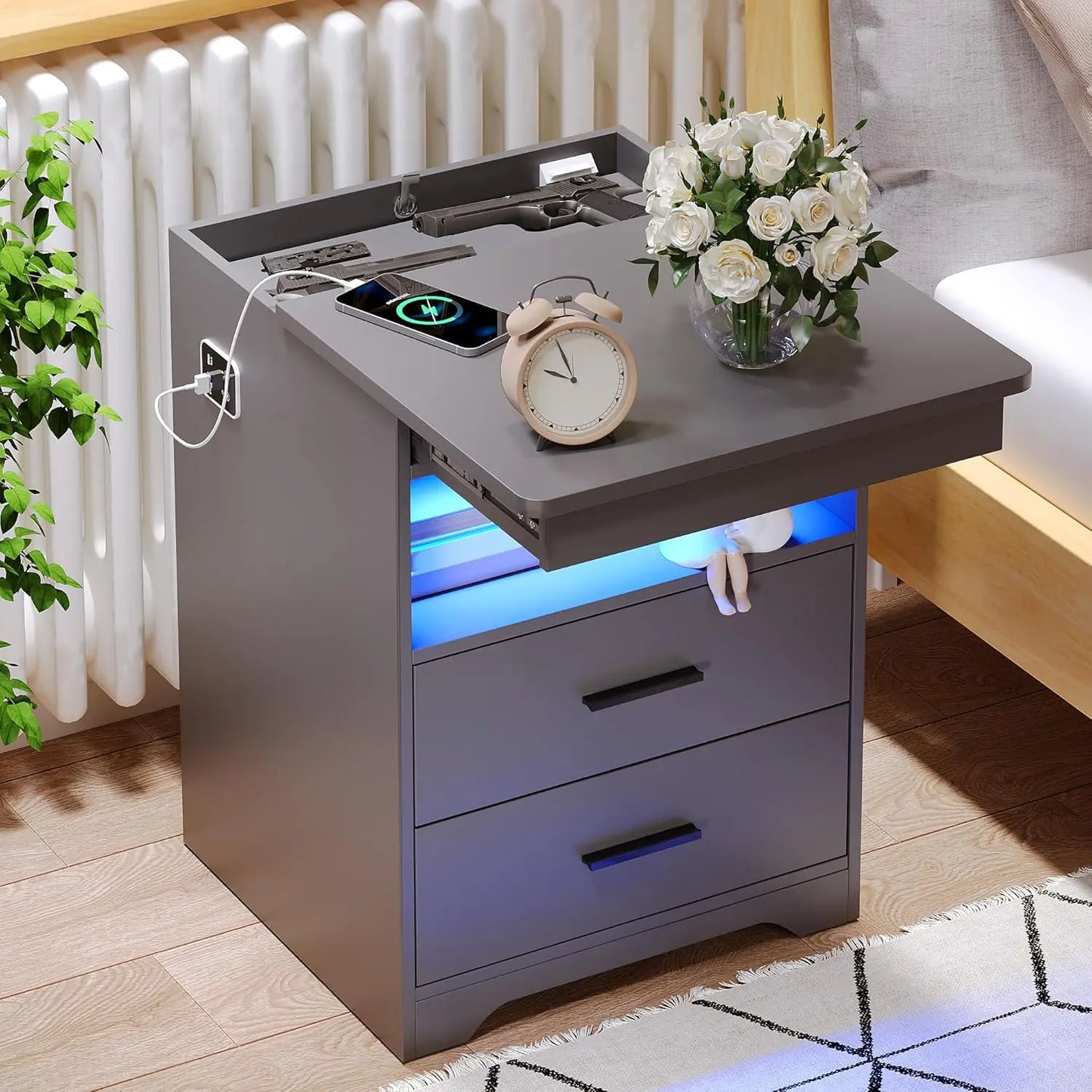 Charging Bedside Table With Gun Drawers