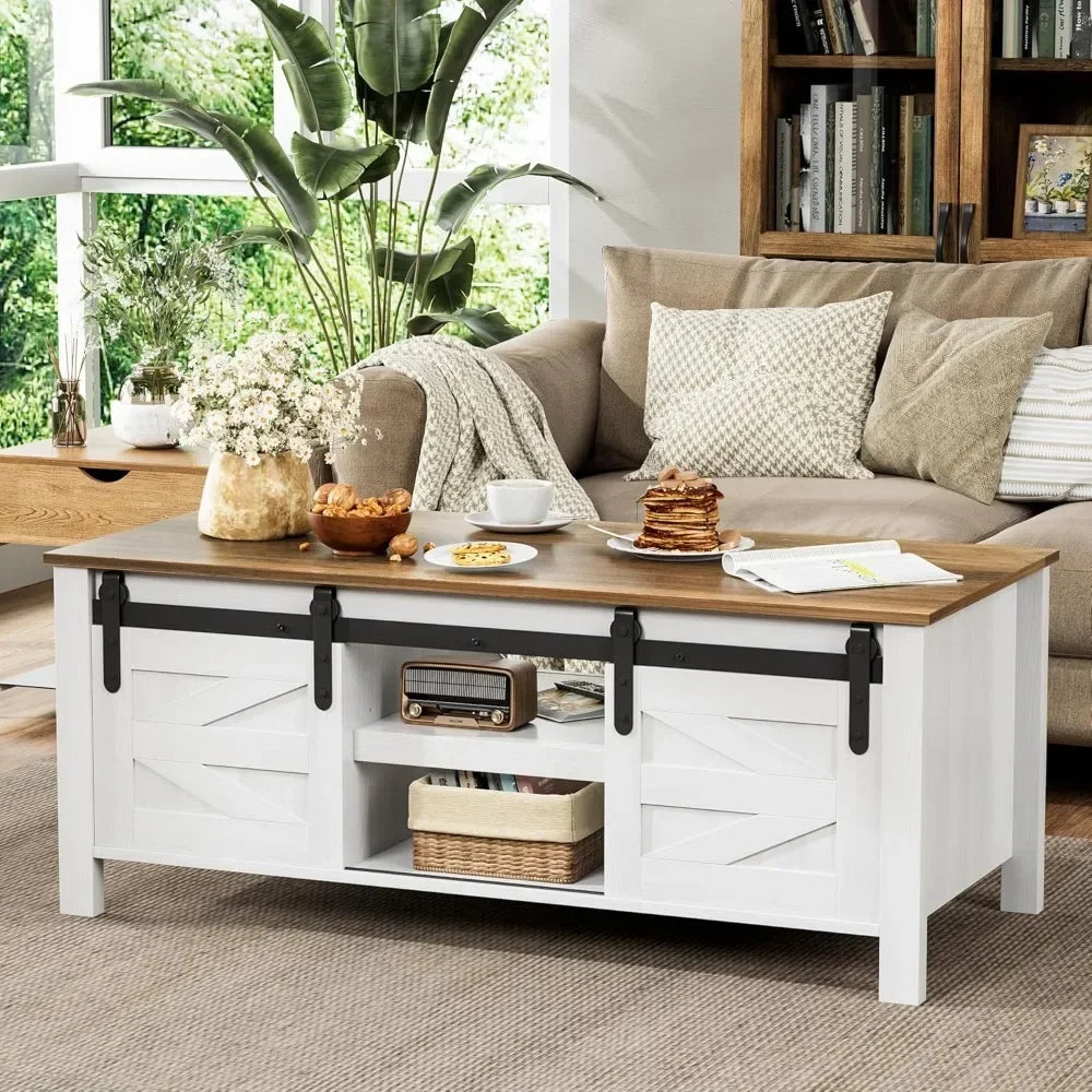Farmhouse Coffee Table With Adjustable Shelves