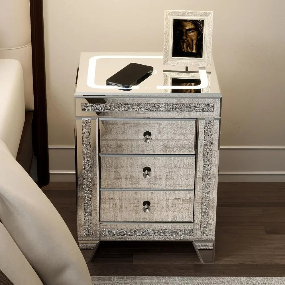Mirrored Night Table Storage Charging Station