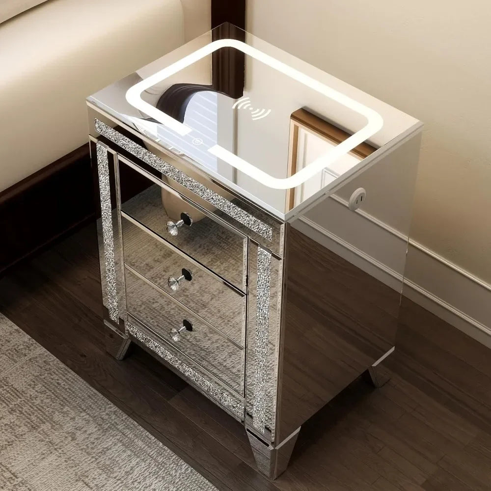 Mirrored Night Table Storage Charging Station
