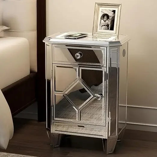 Mirrored Night Table Storage Charging Station