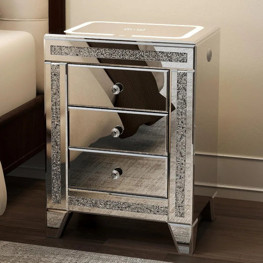 Mirrored Night Table Storage Charging Station