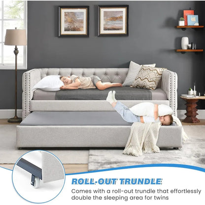 Upholstered Full Size Button-Tufted Sofa Bed Frame with A Roll-Out Trundle