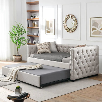 Upholstered Full Size Button-Tufted Sofa Bed Frame with A Roll-Out Trundle