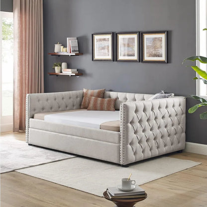 Upholstered Full Size Button-Tufted Sofa Bed Frame with A Roll-Out Trundle