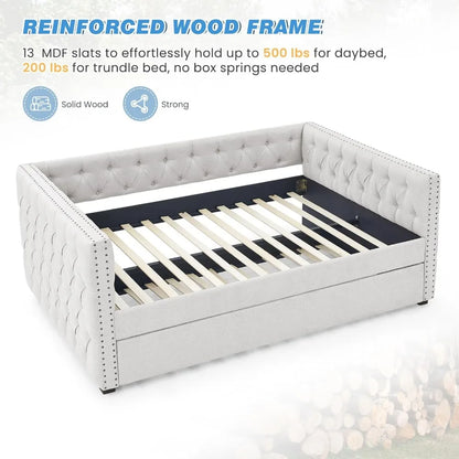 Upholstered Full Size Button-Tufted Sofa Bed Frame with A Roll-Out Trundle