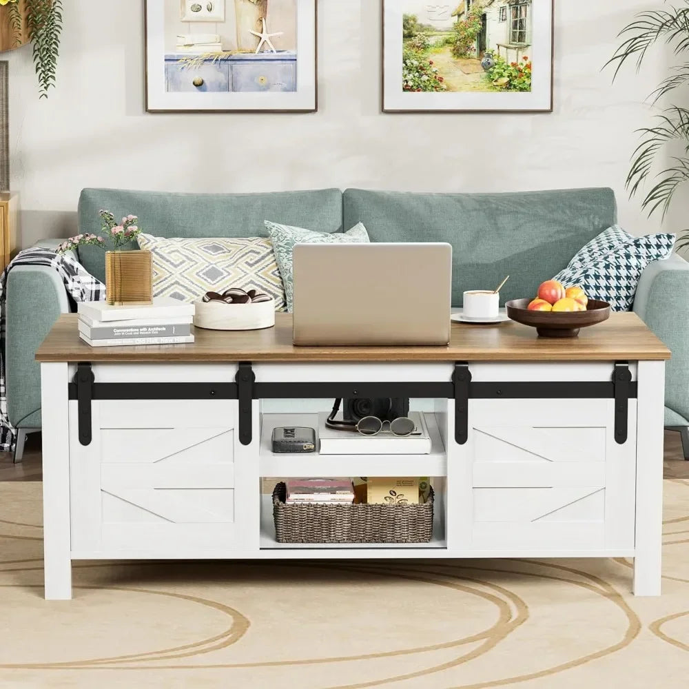 Farmhouse Coffee Table With Adjustable Shelves