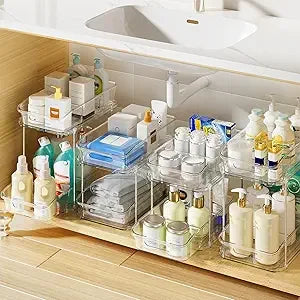 2 Tier Clear Bathroom  Under Sink Organizer 4Pack