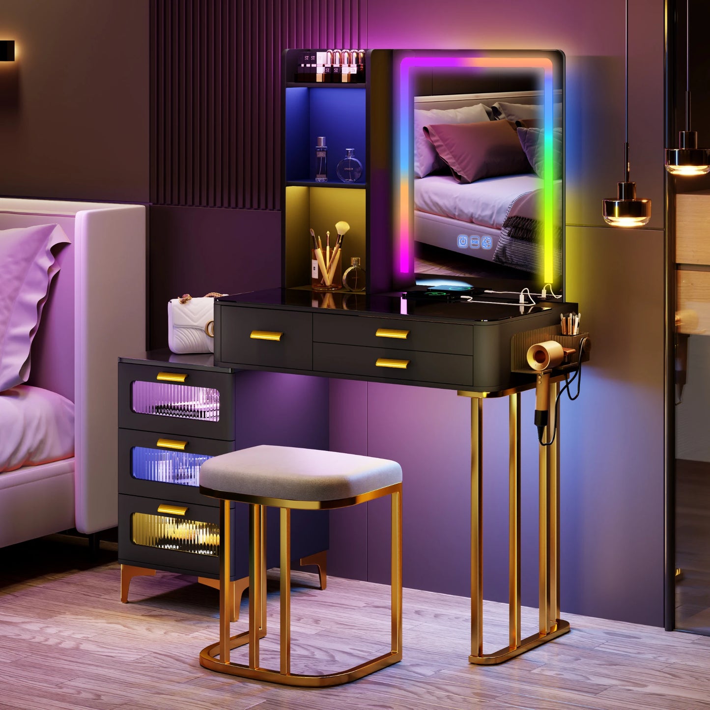 Makeup Vanity Desk With Mirror RGB Lights & Charging Station