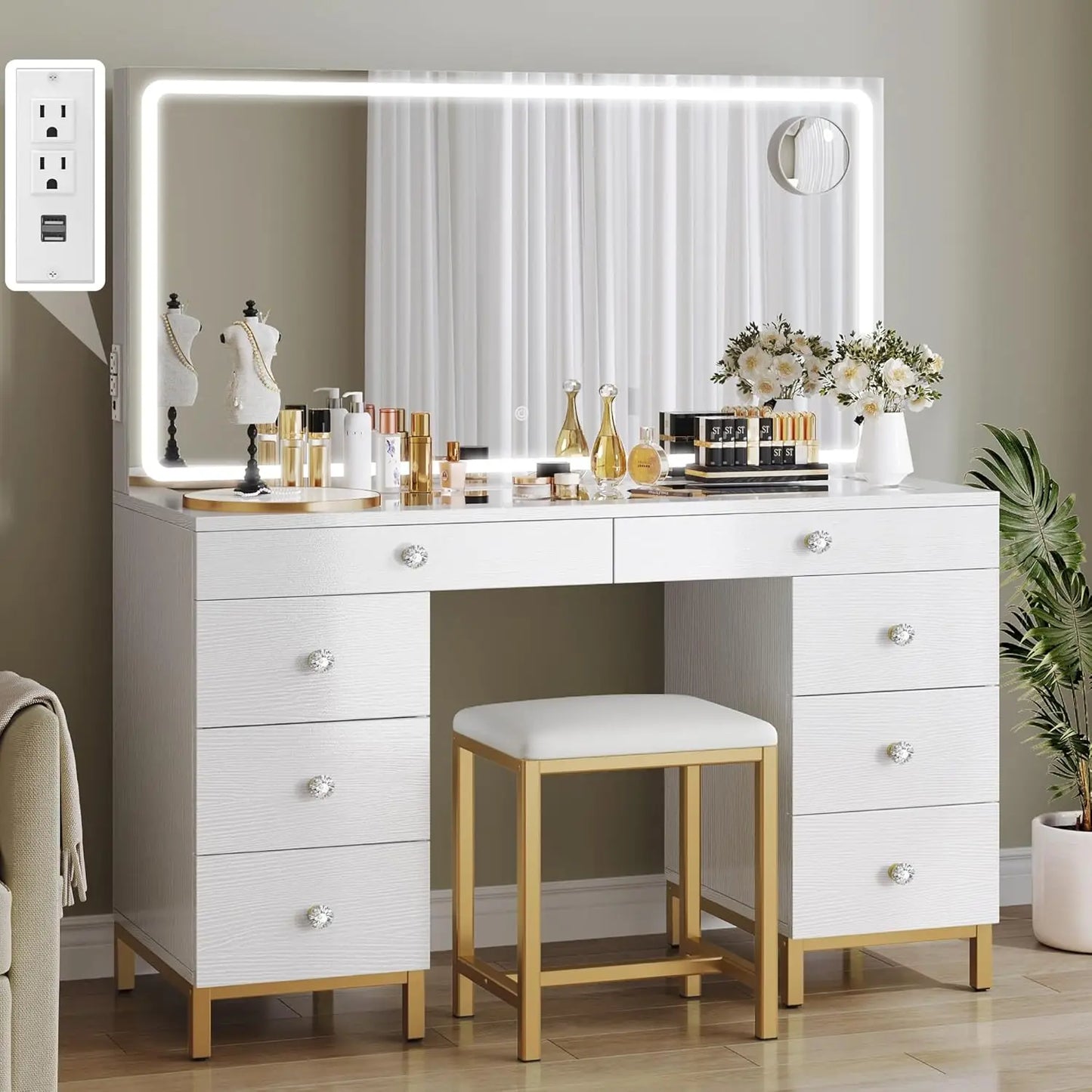 Vanity Desk with Mirror and Lights, Large Vanity Set with Charging Station, Makeup Table with 8 Drawers, Dimmable 3 Lighting