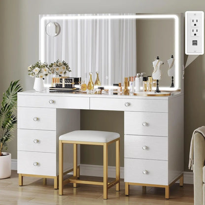 Vanity Desk with Mirror and Lights, Large Vanity Set with Charging Station, Makeup Table with 8 Drawers, Dimmable 3 Lighting