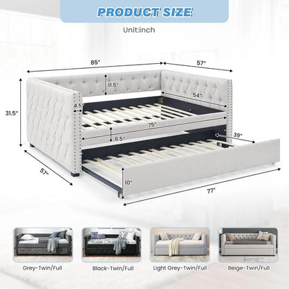 Upholstered Full Size Button-Tufted Sofa Bed Frame with A Roll-Out Trundle