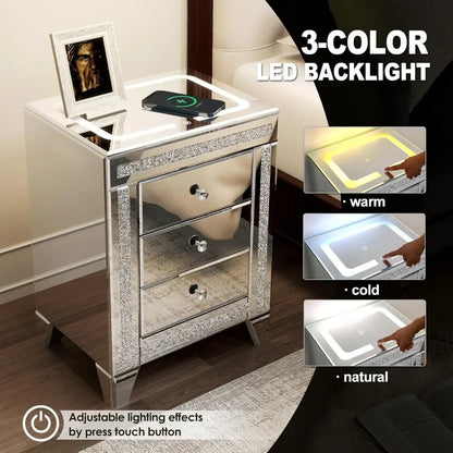 Mirrored Night Table Storage Charging Station