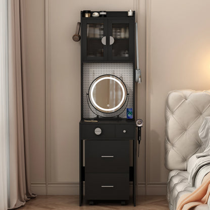 Small Vanity Desk with Mirror & LED Lights Charging Station