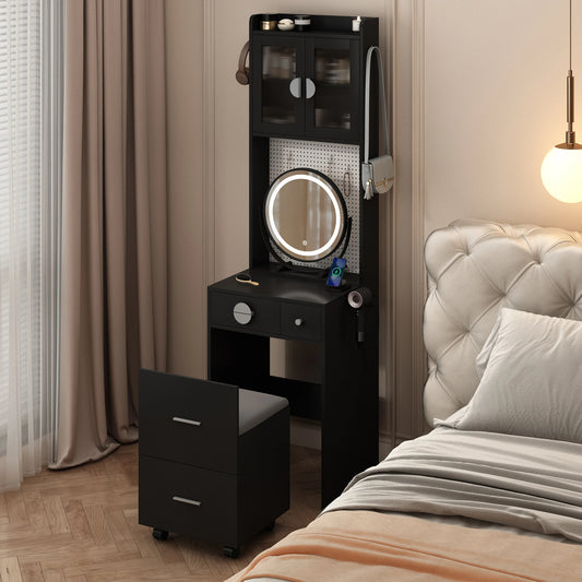 Small Vanity Desk with Mirror & LED Lights Charging Station