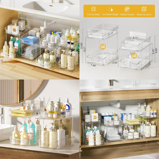 2 Tier Clear Bathroom  Under Sink Organizer 4Pack