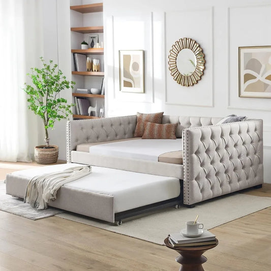 Upholstered Full Size Button-Tufted Sofa Bed Frame with A Roll-Out Trundle