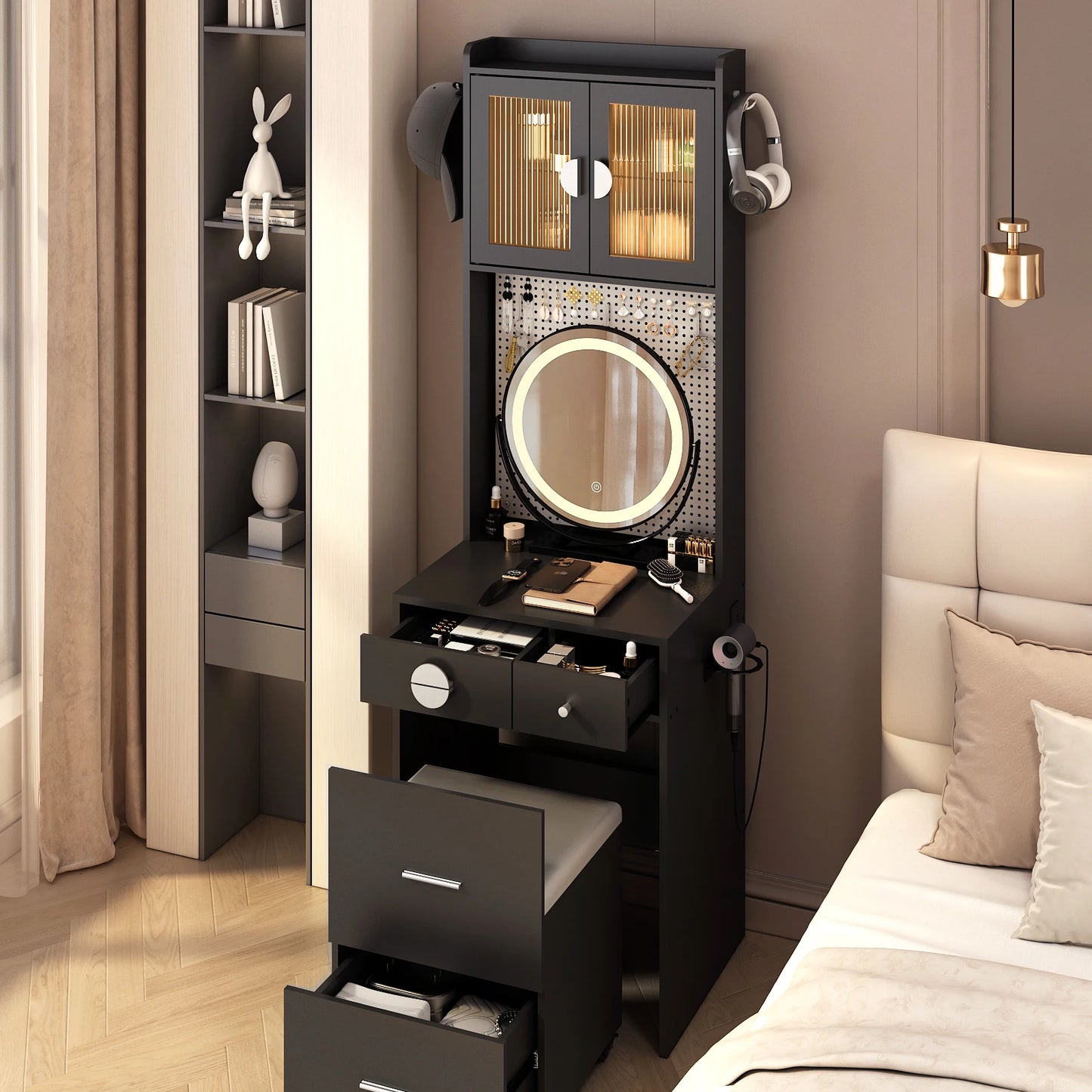 Small Vanity Desk with Mirror & LED Lights Charging Station