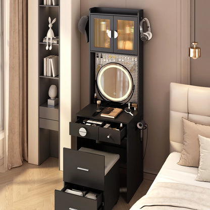 Small Vanity Desk with Mirror & LED Lights Charging Station