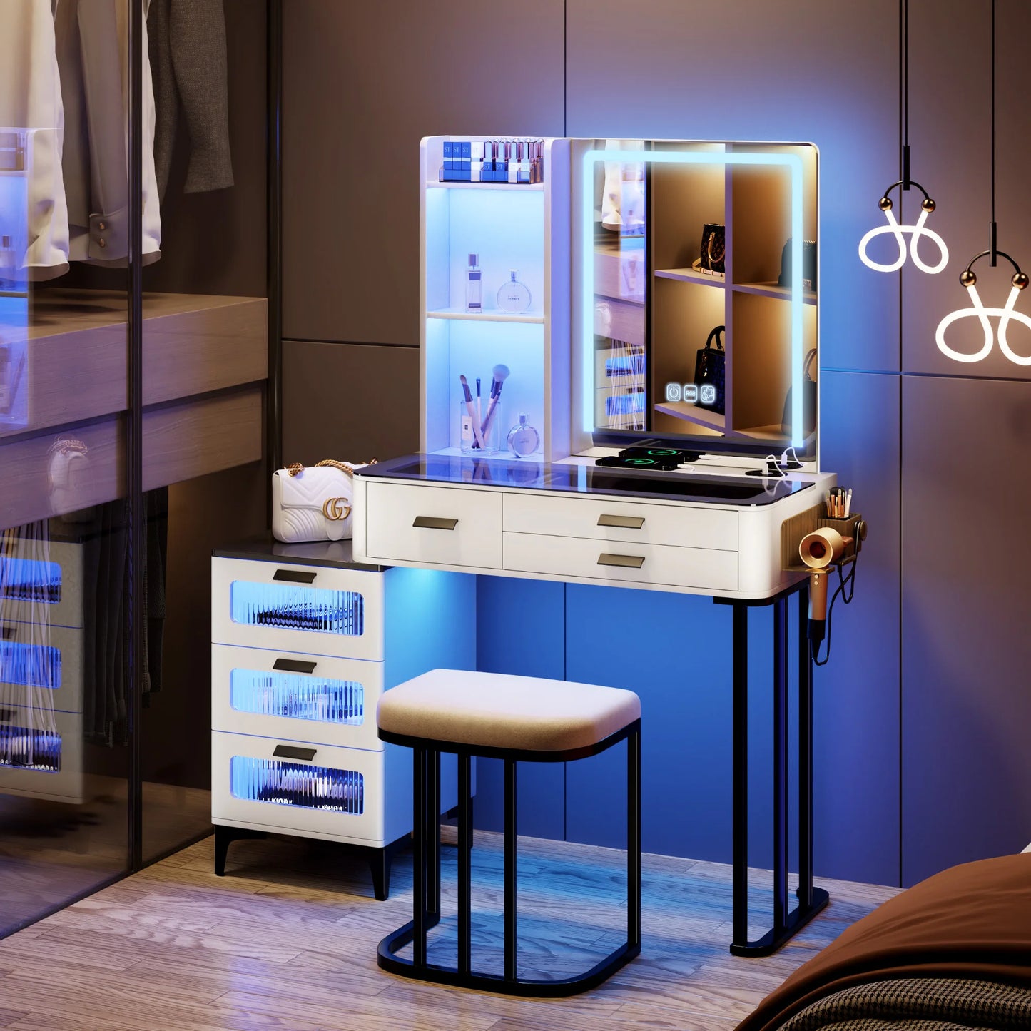 Makeup Vanity Desk With Mirror RGB Lights & Charging Station